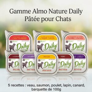 Barquette Almo Nature 100g (Veau, saumon, lapin, canard, poulet)