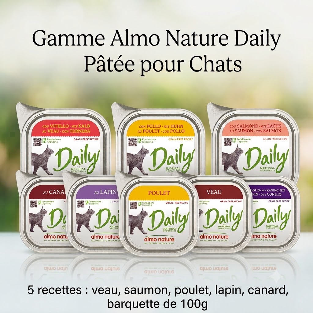 Barquette Almo Nature 100g (Veau, saumon, lapin, canard, poulet)